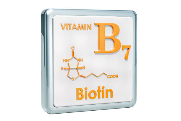 istock Vitamin B7, biotin. Icon, chemical formula, molecular structure on white background. 3D rendering 1044426186