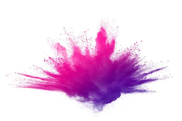 Photo of Colorful powder explosion on white background. Colored cloud. Colorful dust explode. Paint Holi.