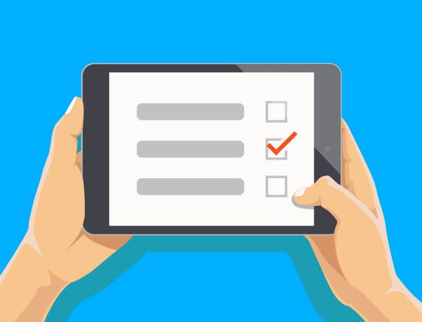 istock Online survey, checklist. Hand holds tablet and finger touch screen. Feedback business concept. Cartoon flat vector illustration isolated on blue. Minimalistic design for web site, mobile app 1044433436