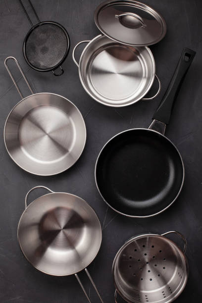 istock Set of kitchen metallic pans. Mockup, kitchen utensils, recipe b 1044447708
