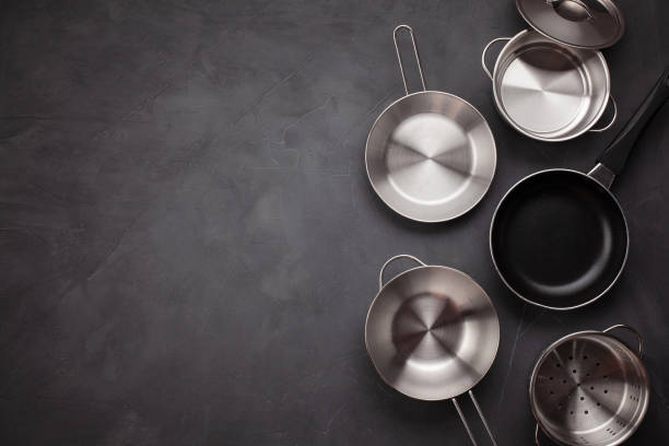Set of kitchen metallic pans. Mockup, kitchen utensils, recipe b