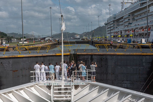 Panama Canal, Panama --April 18, 2018. The cruise ship Crystal Symphony is about to go through one of the locks into the Panama Canal.