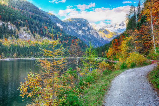 istock colorful autumn scenery with Dachstein mountain summit by Gosausee mountain lake 1044457456