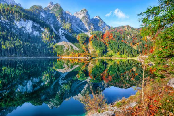 istock colorful autumn scenery with Dachstein mountain summit by Gosausee mountain lake 1044457584