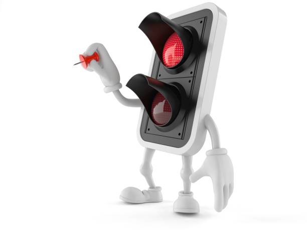 istock Red traffic light character holding thumbtack 1044459730