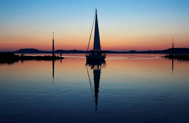 Sailing boats on Lake Balaton at sunset