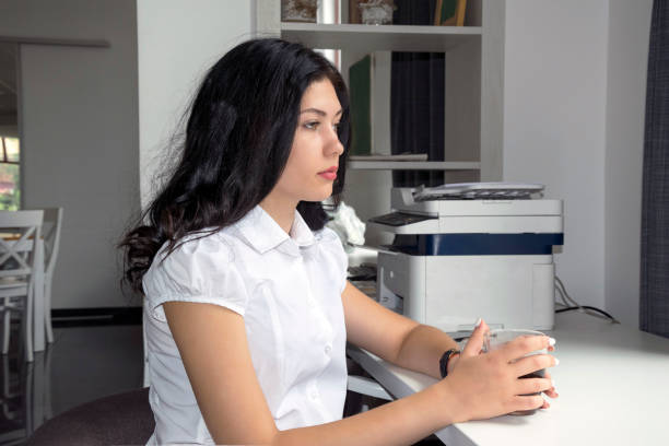 istock Cute girl sitting at cafe, work, study place 1044463834