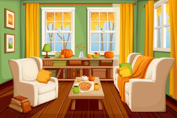 Vector illustration of Autumn living room interior. Vector illustration.