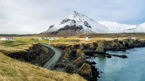 Snæfellsnes Peninsula Fishing Village and mountains with snow at western Iceland stock photo