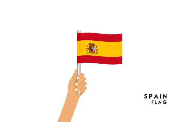 Vector illustration of Vector cartoon illustration of human hands hold Spanish flag. Isolated object on white background.