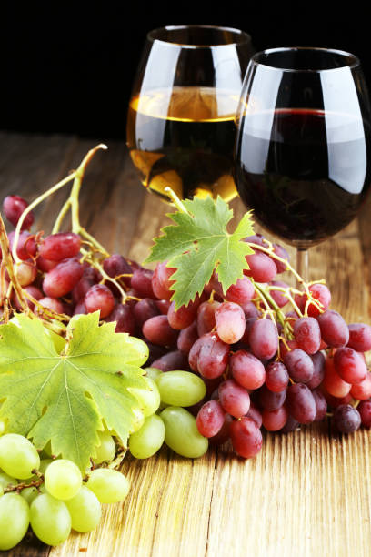 istock White wine and red wine in a glass with fall grapes on rustic background. 1044480280