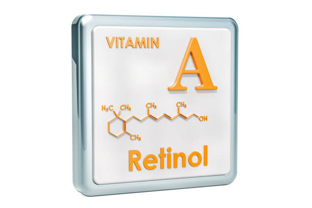 istock Vitamin A, retinol. Icon, chemical formula, molecular structure on white background. 3D rendering 1044495068