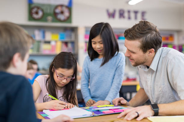 istock A male teacher helps two 4th grade students 1044495574