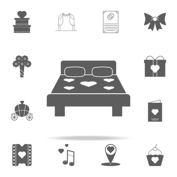 кровать покрыта иконой сердца. романтика иконы универсальный набор для веб-и мобильных - poster bed audio stock illustrations