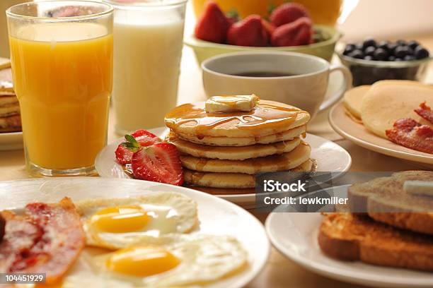 Breakfast Foods And Drinks Stock Photo - Download Image Now - Breakfast, Pancake, American Culture