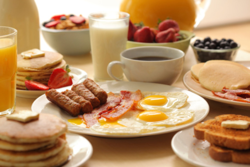 Variety of breakfast foods, selective focus