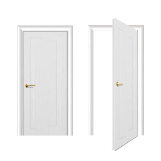 istock Vector realistic different opened and closed white wooden door icon set closeup isolated on white background. Elements of architecture. Design template for graphics, Front view 1044523652