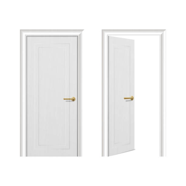 istock Vector realistic different opened and closed white wooden door icon set closeup isolated on white background. Elements of architecture. Design template for graphics, Front view 1044523656