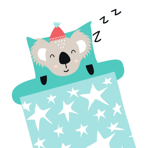 Zzz- Cute hand drawn nursery poster with sleeping koala in bed. Zzz - Cute hand drawn nursery poster with sleeping koala in bed. Vector illustration in scandinavian style. sleeping koala bear stock illustrations