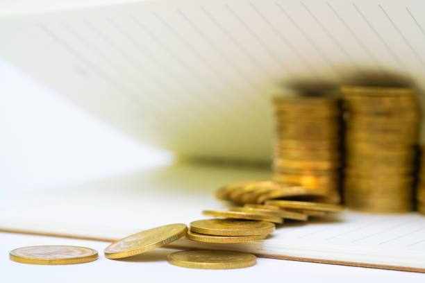 istock Step of coins stack on notebook paper with copy space for add text, financial and business planning concept. 1044528630