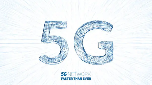 Vector illustration of Vector abstract 5G new wireless internet connection background. Global network high speed network. 5G symbol with a lightspeed burst on background.