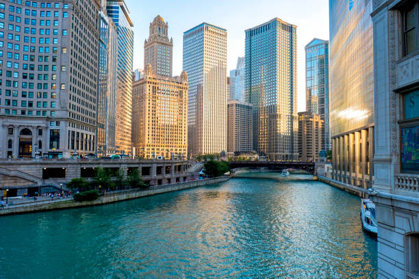 downtown chicago gün batımı sırasında - chicago illinois stok fotoğraflar ve resimler