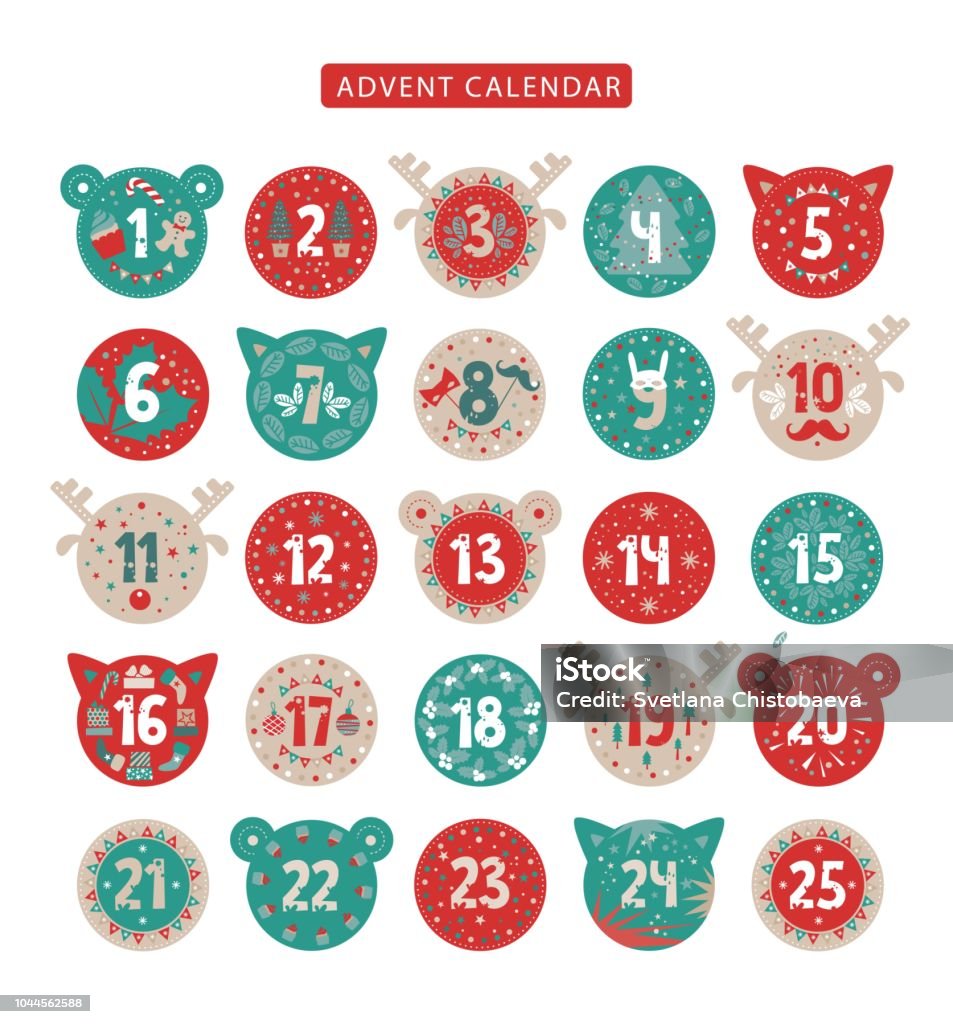 Merry Christmas advent calendar design Merry Christmas advent calendar design. Advent calendar with various seasonal objects and symbols. Stickers in the form of the head of a cat, deer, bear. Vector illustration Christmas stock vector