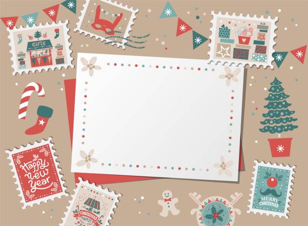 Christmas decorative card, border, frame with Christmas tree and festive decorations garland, sock, stamps Christmas decorative card, border, frame with Christmas tree and festive decorations garland, sock, stamps. Christmas market and Happy New year sign. Christmas design for banner, card, invitation christmas card template stock illustrations