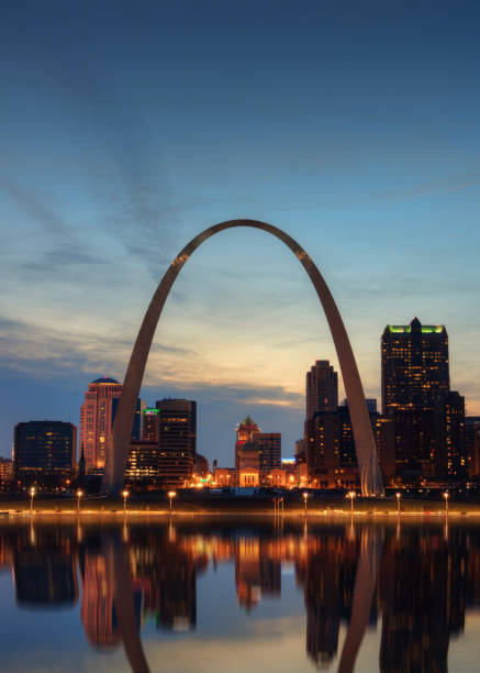 The St. Louis city skyline with Gateway Arch photographed at sunset.