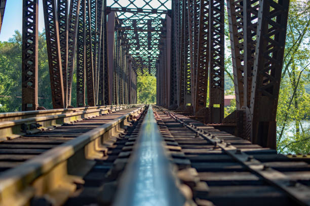 istock Isolated rail on vintage railway trestle crossing the river 1044592044