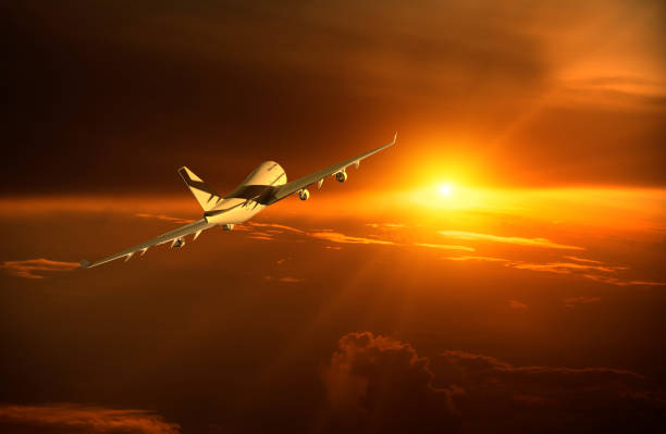 istock Airplane flying over the cloud sunrise , 3d rendering 1044597114