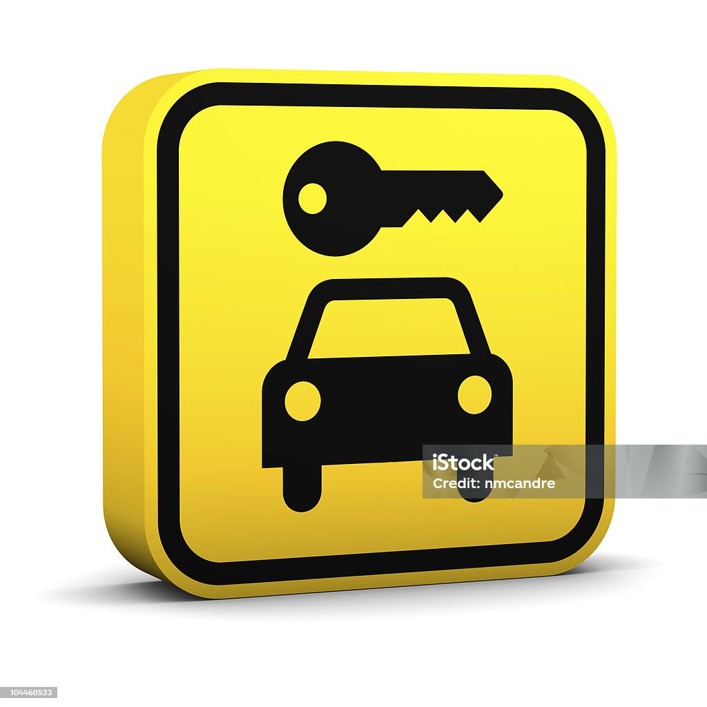 A yellow 3-D Rent-A-Car Sign, showing a key and a car Rent-a-car sign on a white background. Part of a series. Black Color Stock Photo