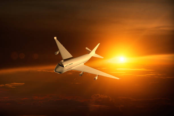 istock Airplane flying over the cloud sunrise , 3d rendering 1044607812