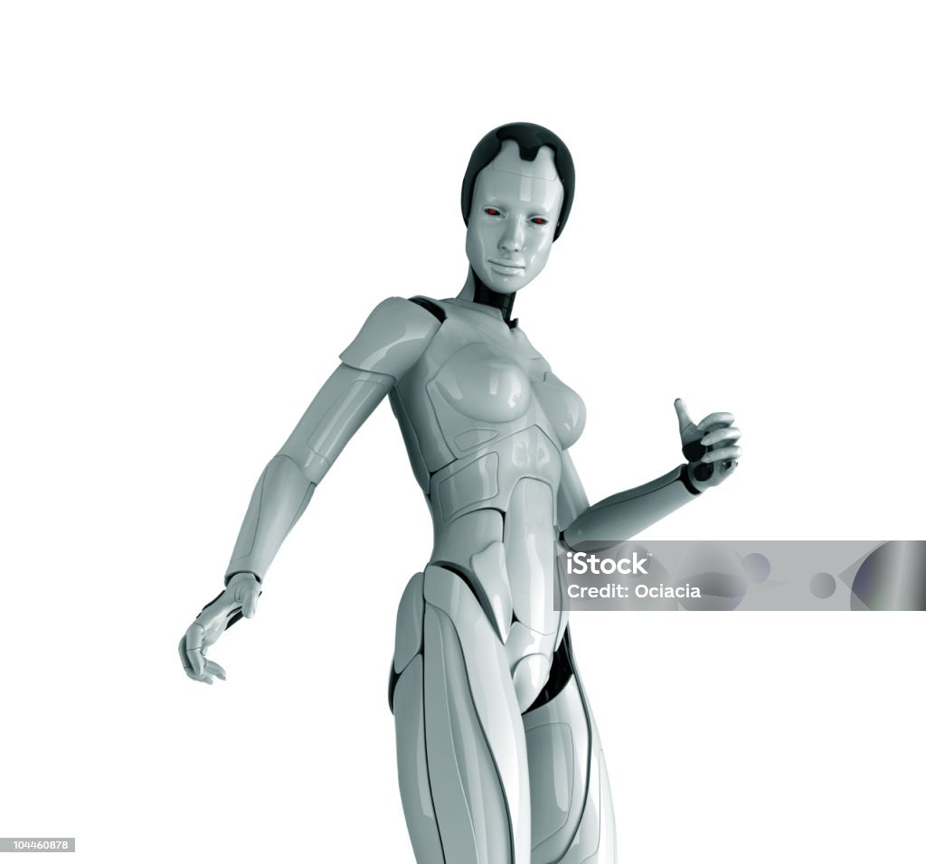 Futuristic cyber woman Cool future girl shows sign "yes" Robot Stock Photo