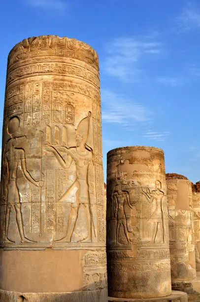 Columns in the ancient Egyptian temple in the city of Kom-Ombo