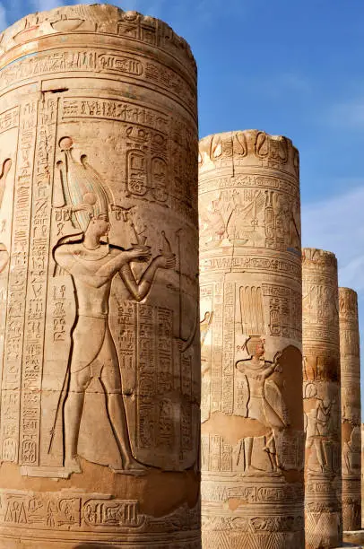 Columns in the ancient Egyptian temple in the city of Kom-Ombo