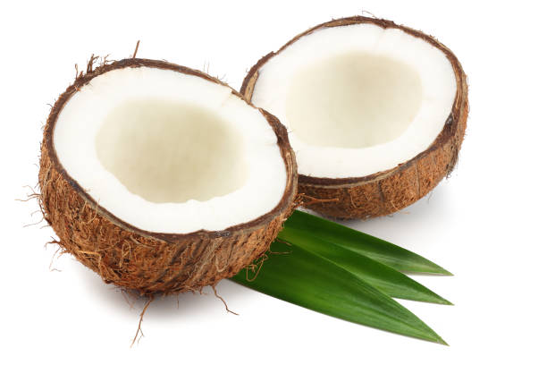istock Coconut with green leaves isolated on white background 1044631708