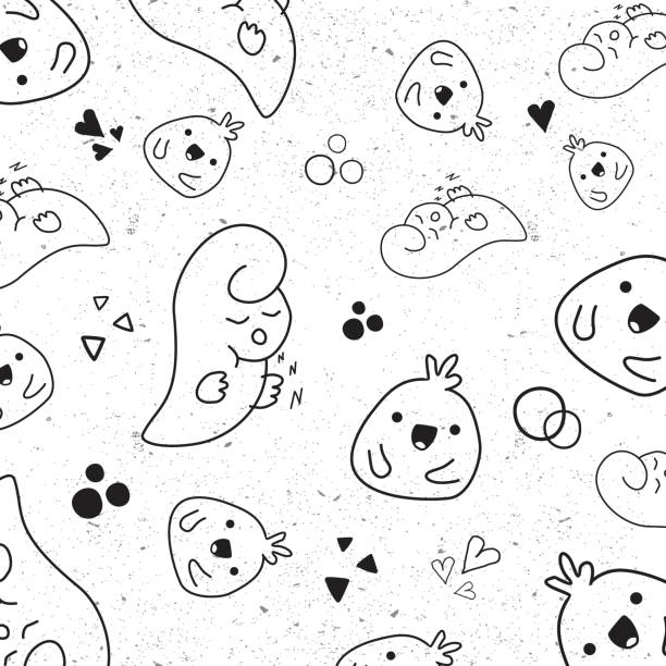 Abstract seamless texture with a fun cartoon sleep and smile background Abstract seamless texture with a fun cartoon sleep and smile background. Seamless monochrome cartoon sleep and smile background for fabric, wallpapers, wrapping paper and greeting cards. Vector illustration EPS.8 EPS.10 background of the sad face black and white stock illustrations