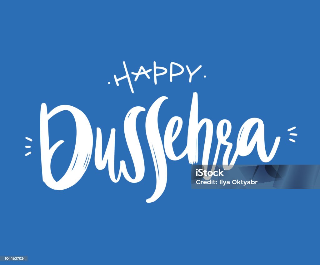 Happy Dussehra. Hand drawn vector lettering. Modern brush calligraphy. Vector illustration. Happy Dussehra. Hand drawn vector lettering. Modern brush calligraphy. Vector illustration. Isolated on blue background. Dussehra stock vector