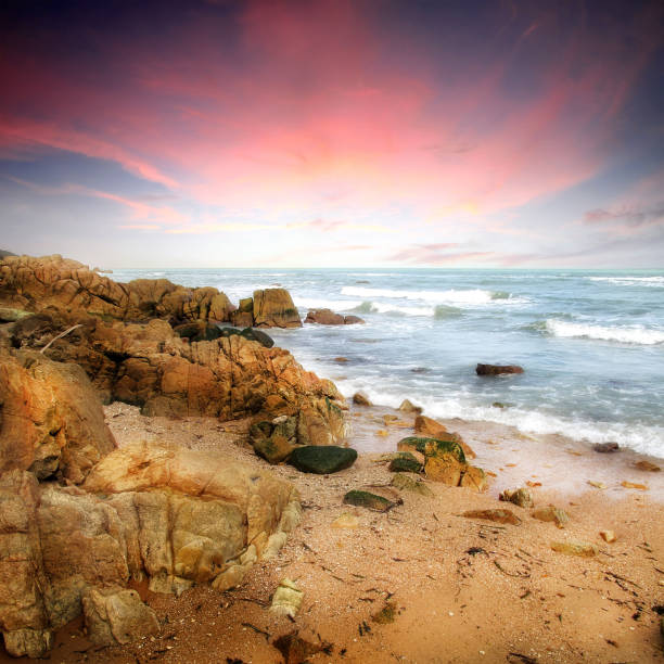 istock Seascape with rocky beach over cloudy sky 1044639722