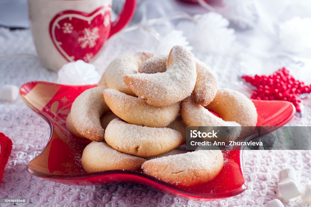 Traditional Christmas cookies "Vanilla crescents" Vanillekipferl Stock Photo