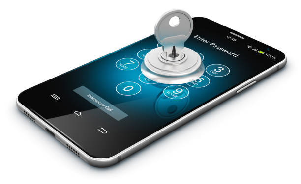 Smartphone or mobile phone security concept Creative abstract mobile internet web communication security and safety business commercial concept: 3D render illustration of modern black glossy touchscreen smartphone or mobile phone with enter password verification screen and metal house key with keyhole isolated on white background computer key stock pictures, royalty-free photos & images