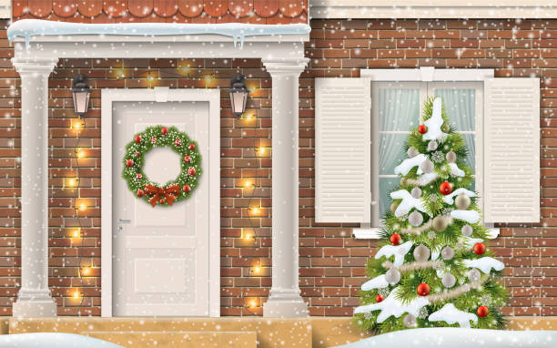 입구 하우스 크리스마스 트리 - wreath christmas door snow stock illustrations
