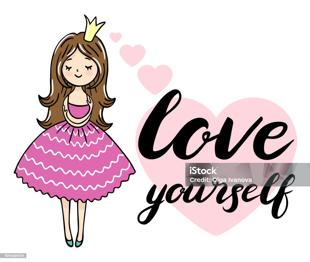 Cute little princess is cuddeling yourself. Love yourself text. Cute little princess is cuddeling yourself. Love yourself text. Vector isolated illustration. Authority stock vector