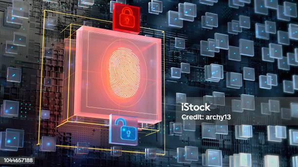 3d Image Of Blockchain Abstract Background With Big Digital Fingerprint Authorisation Block And Two Glowing Padlock Icons Biometric Authentication Concept Render Illustration Stock Photo - Download Image Now