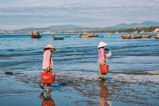 fishermen carrying seafood from big boat at sea in Mina, Vietnam
