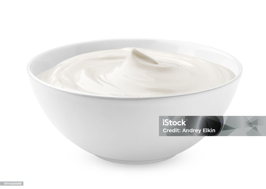 sour cream in glass, mayonnaise, yogurt, isolated on white background, clipping path, full depth of field Yogurt Stock Photo