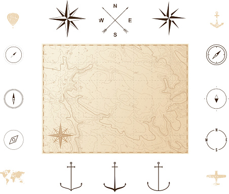 istock Old vintage map with icons. Compass roses 1044660924