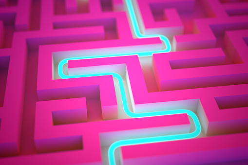 Blue neon path across endless labyrinth. Success, perspective vision, business strategy and marketing concept: Abstract 3D illustration