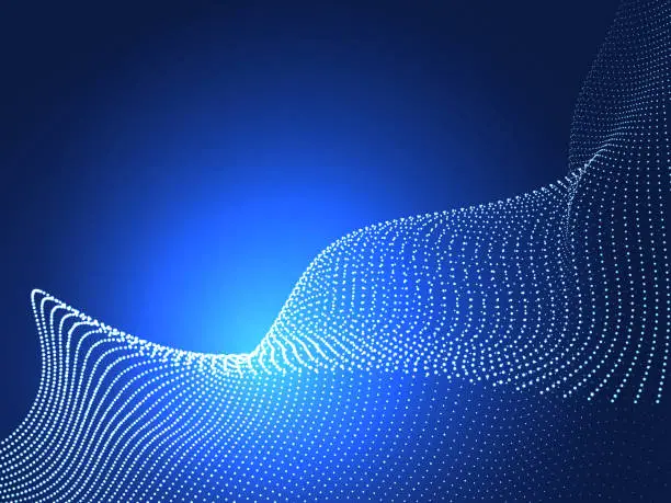 Vector illustration of Abstract background from particle flow in twisty lines on blue.  Futuristic waveform element. Vector illustration.